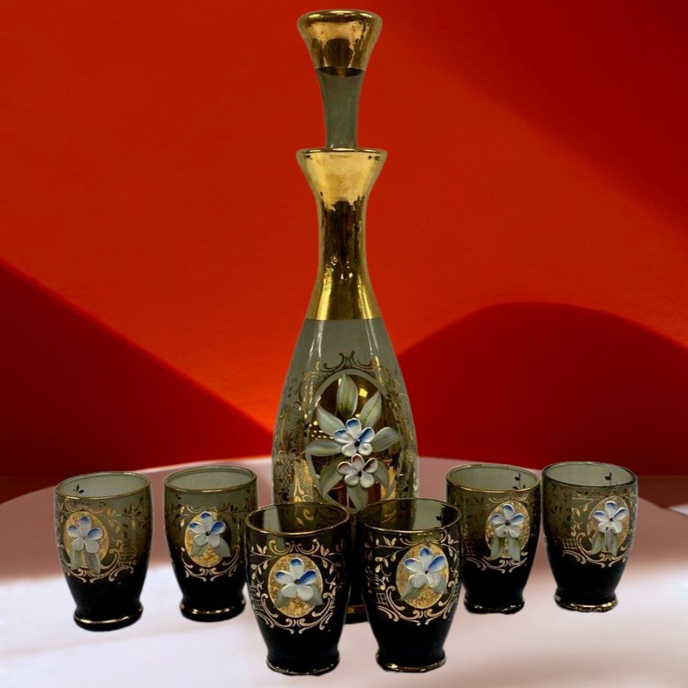 Bohemia Enamel Floral Gold Leaf Glass Decanter & 6 Cup Set